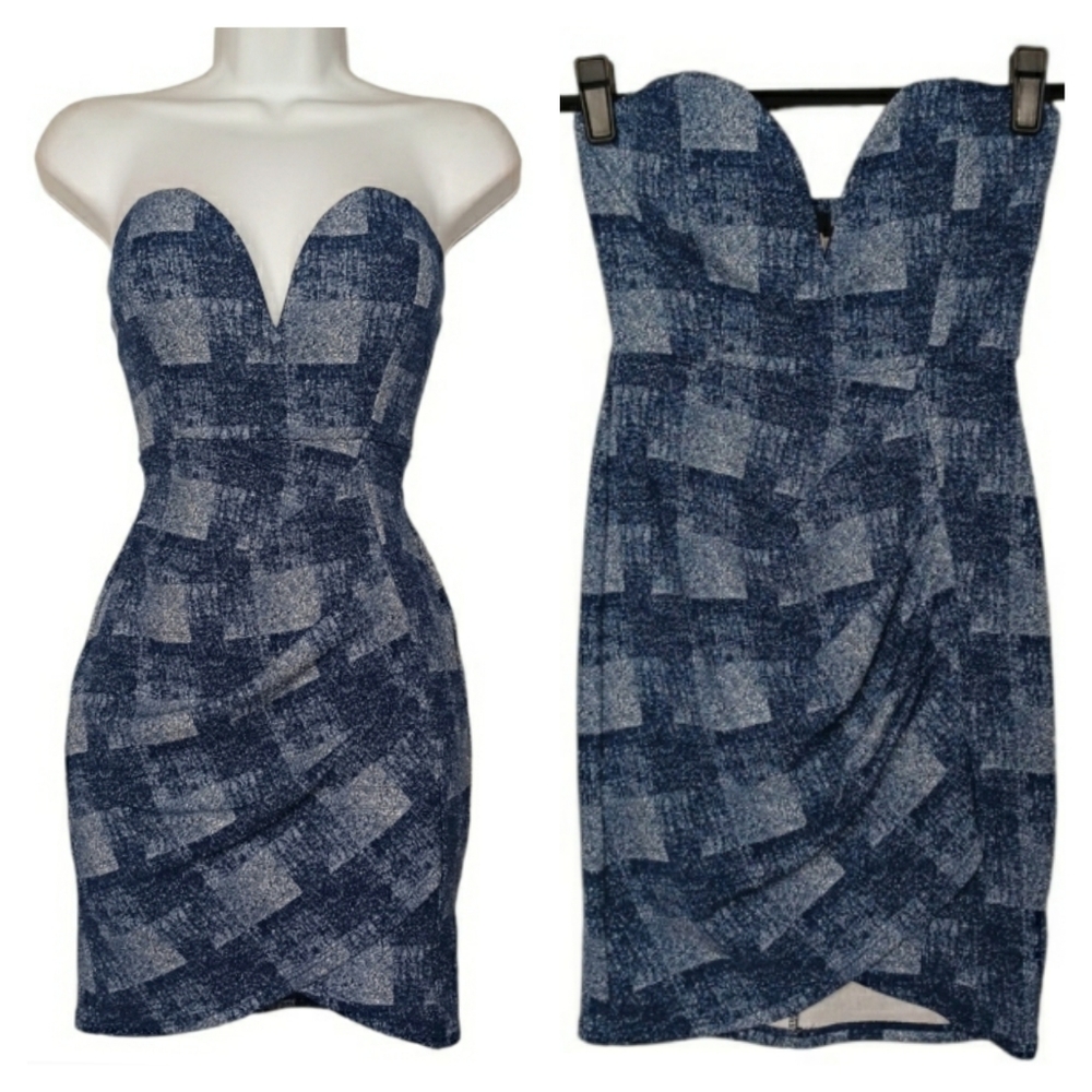 TRAC Strapless Mini Blue Plaid Print Ruching Small Dress NWT
